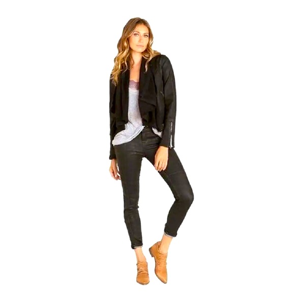 EUC Free People Black Drape Front Coated Denim Moto Jacket - Super Cool - Size 8 - Picture 7 of 7